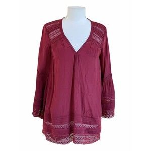 Calypso St Barth Womens Small Tunic Top Wine Red Lace V Neck Bell Sleeves